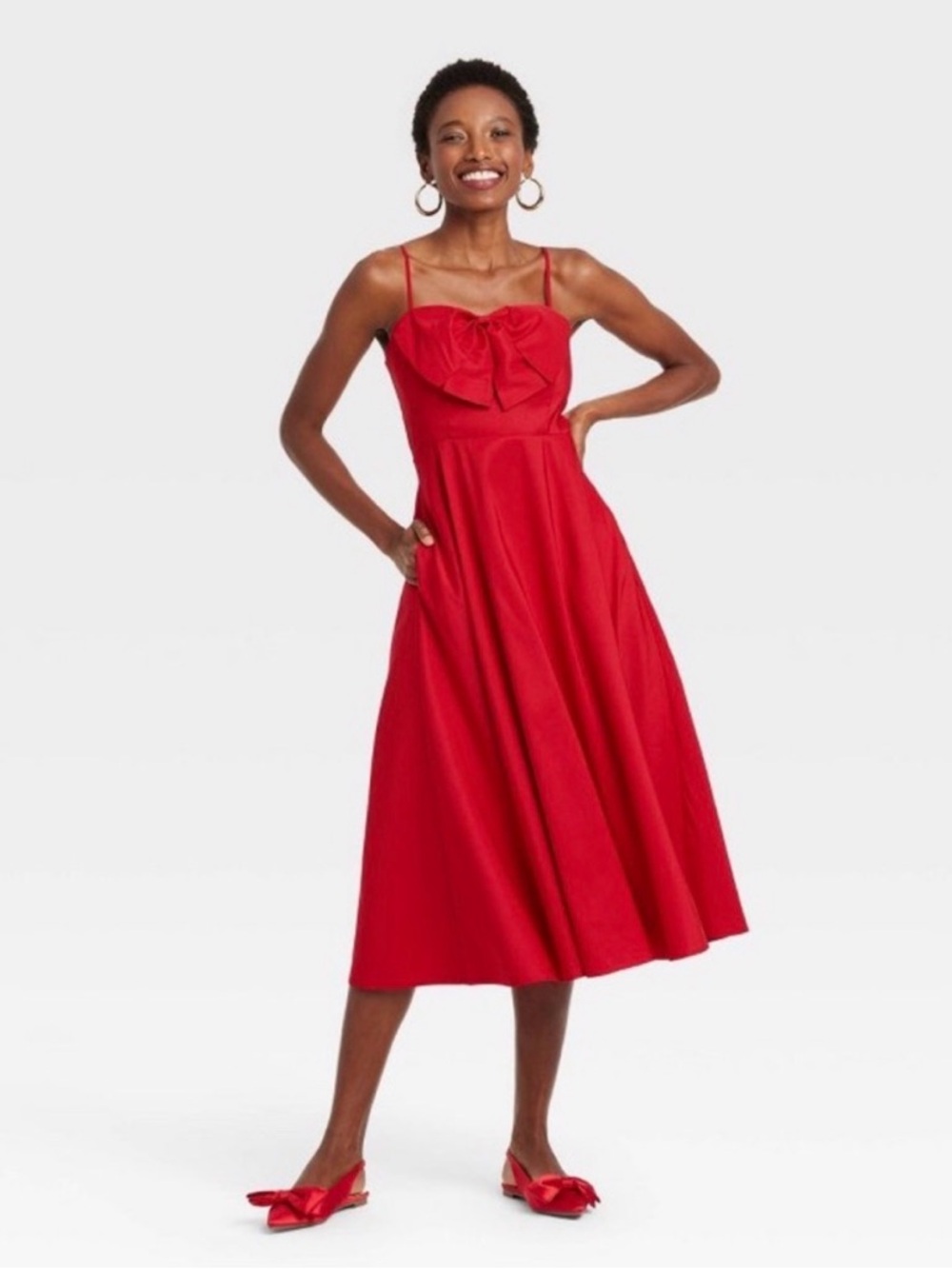 a new day Red Spaghetti-Strap Midi Dress with Front Bow Detail